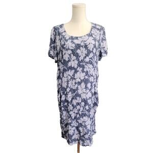 Pure Jill Dress Linen Crinkle Blue Floral Leaf Dyed Shift Pocket Dress Large